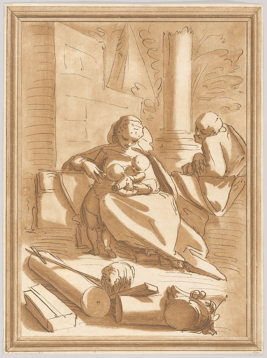 The Holy Family with the infant Saint John the Baptist, Andrea Scacciati (Italian, 1725–1771), Etching with brown wash 