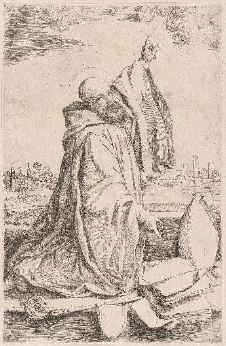 A sainted bishop of the Benedictine order kneeling towards the right and pointing at the heavens, Giuseppe Caletti, called Cremonese (Italian, active Ferrara, 1600–1660), Etching 
