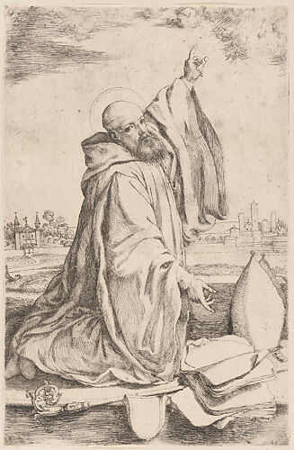 A sainted bishop of the Benedictine order kneeling towards the right and pointing at the heavens