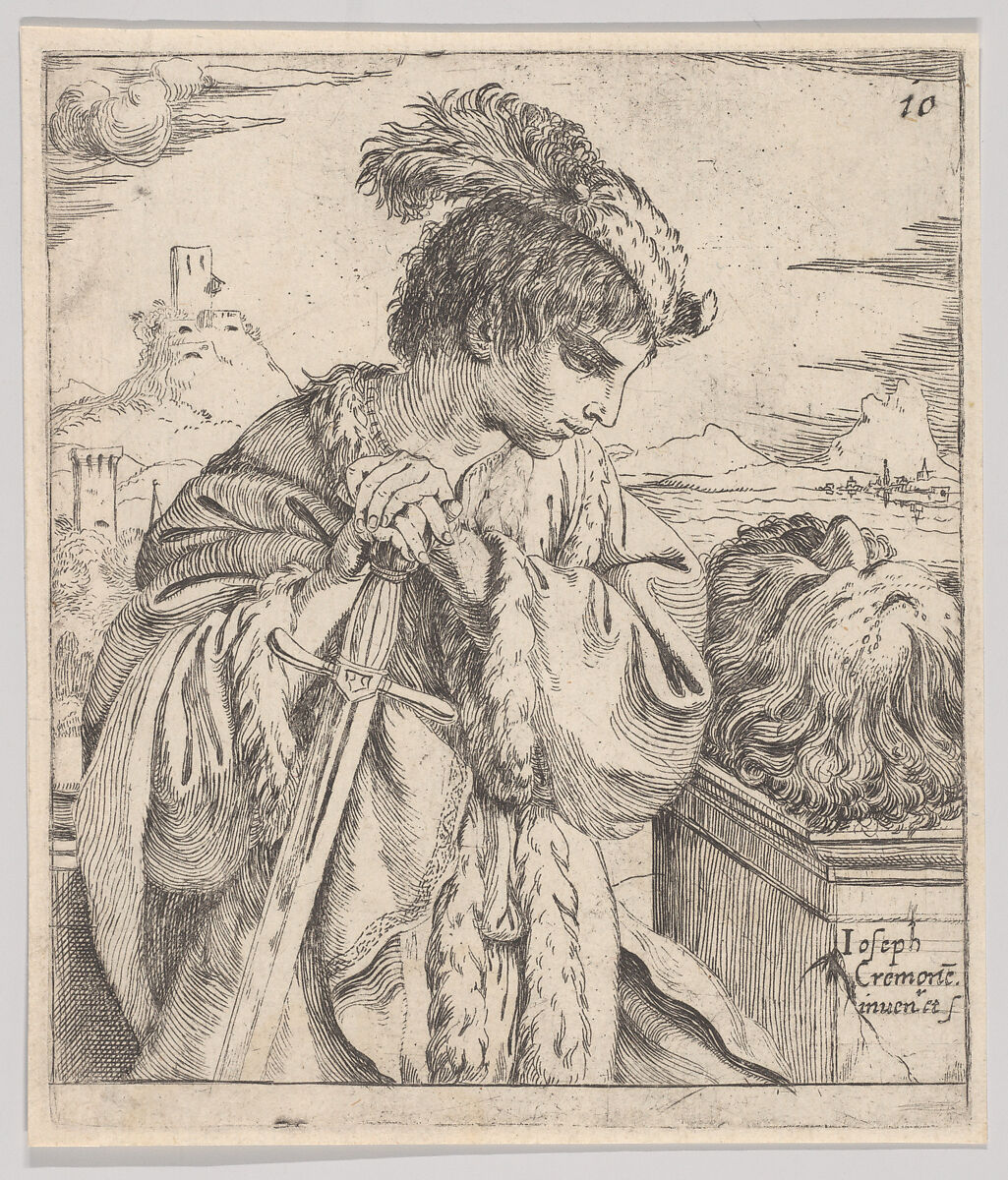 David looking at the head of Goliath, Giuseppe Caletti, called Cremonese (Italian, active Ferrara, 1600–1660), Etching 