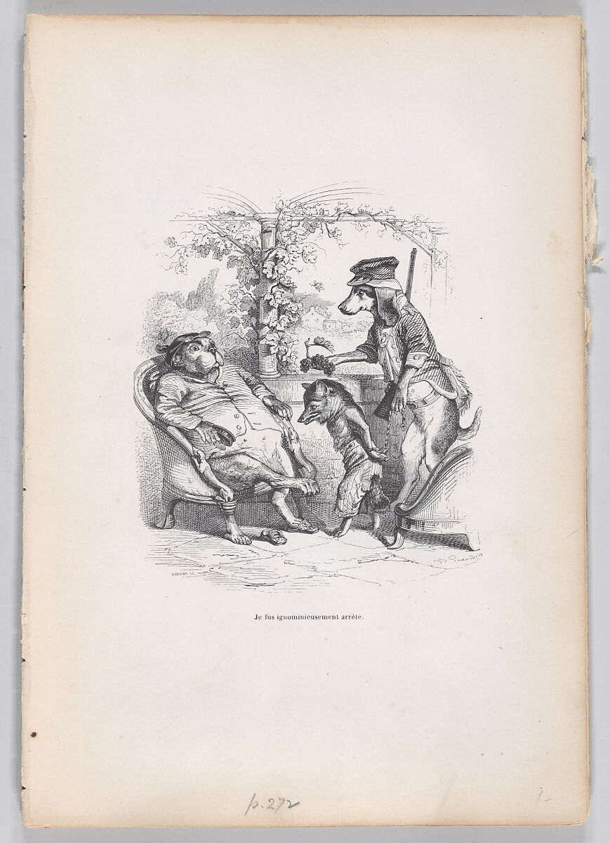 I was ignominiously arrested, from "Scenes from the Private and Public Life of Animals", J. J. Grandville (French, Nancy 1803–1847 Vanves), Wood engraving 