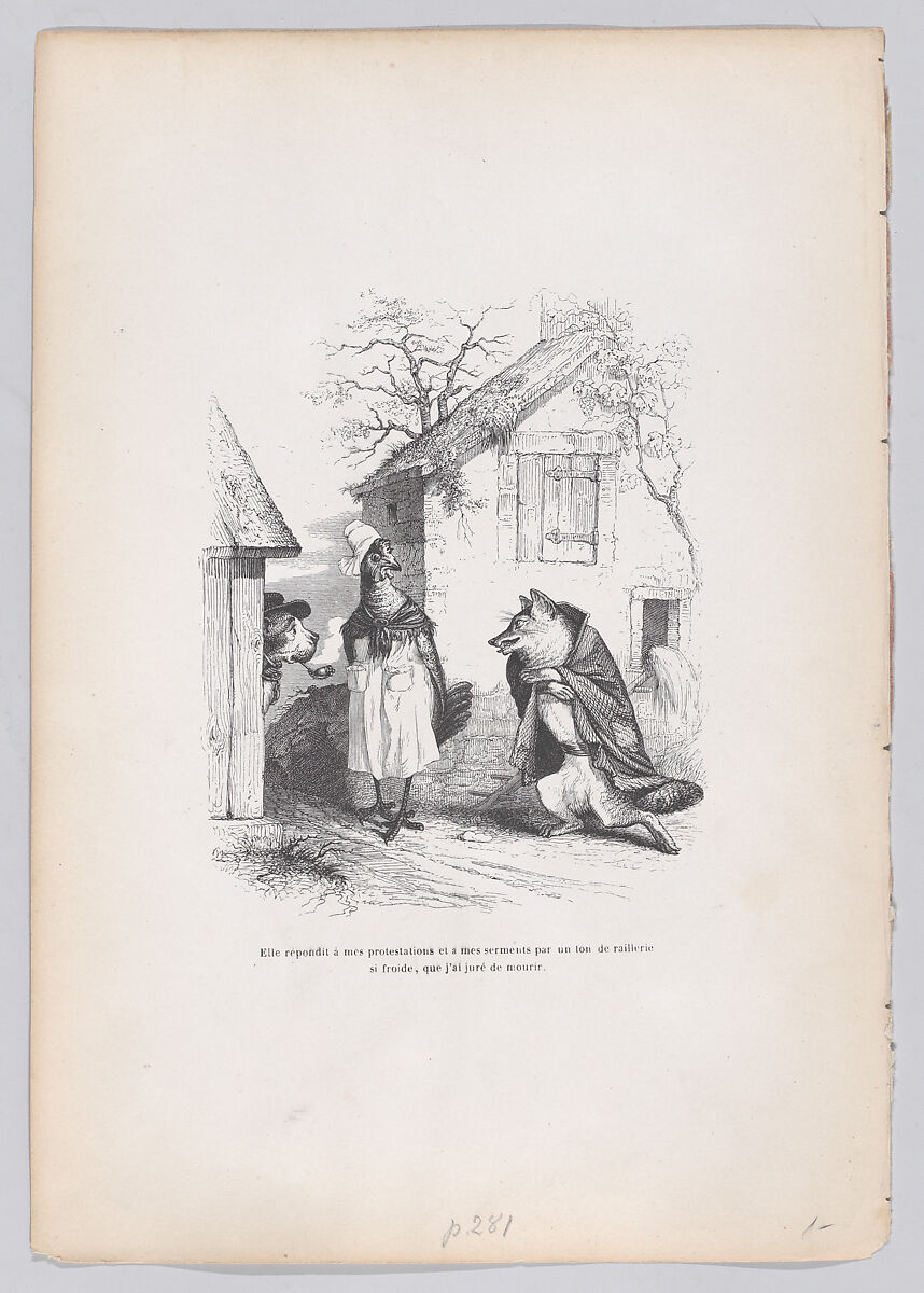 She responded to my protests and oaths with a tone of mockery so cold that I swore to die, from "Scenes from the Private and Public Life of Animals", J. J. Grandville (French, Nancy 1803–1847 Vanves), Wood engraving 