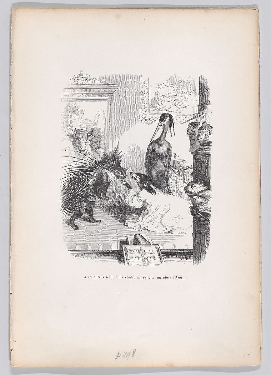 At this frightful story, Zemire throws himself at Azor's feet, from "Scenes from the Private and Public Life of Animals", J. J. Grandville (French, Nancy 1803–1847 Vanves), Wood engraving 