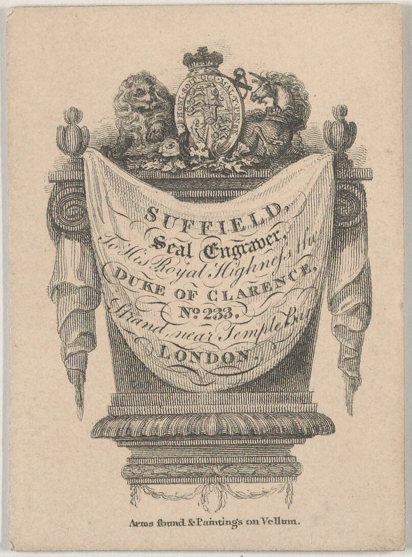 Trade Card for Suffield, seal engraver, Anonymous, British, late 18th–early 19th century, Engraving 