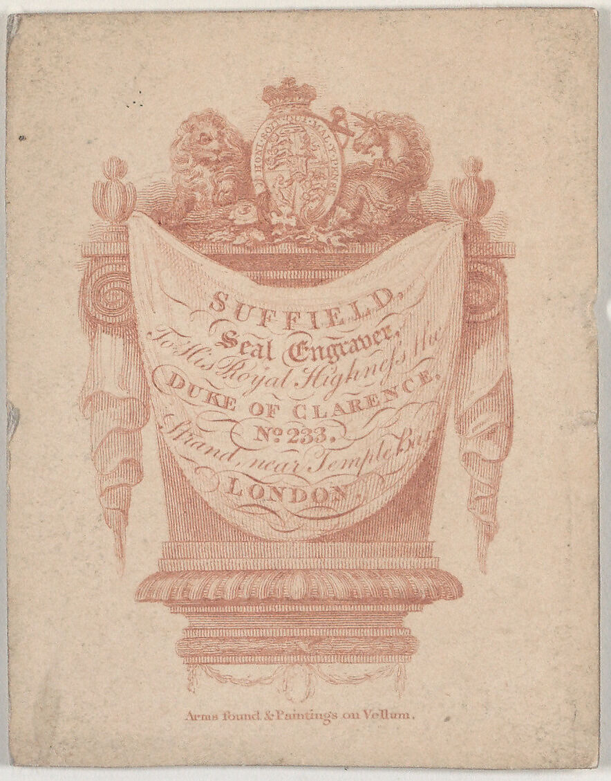 Trade Card for Suffield, seal engraver, Anonymous, British, late 18th–early 19th century, Engraving 