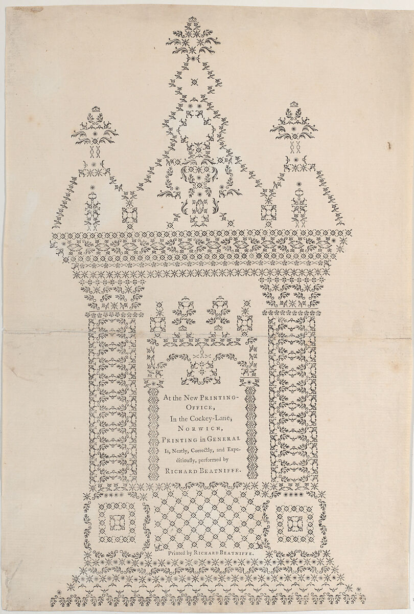 Trade Card for Richard Beatniffe, printer and bookseller, Richard Beatniffe (British, Lincolnshire 1739—1818 Norwich), Engraving 