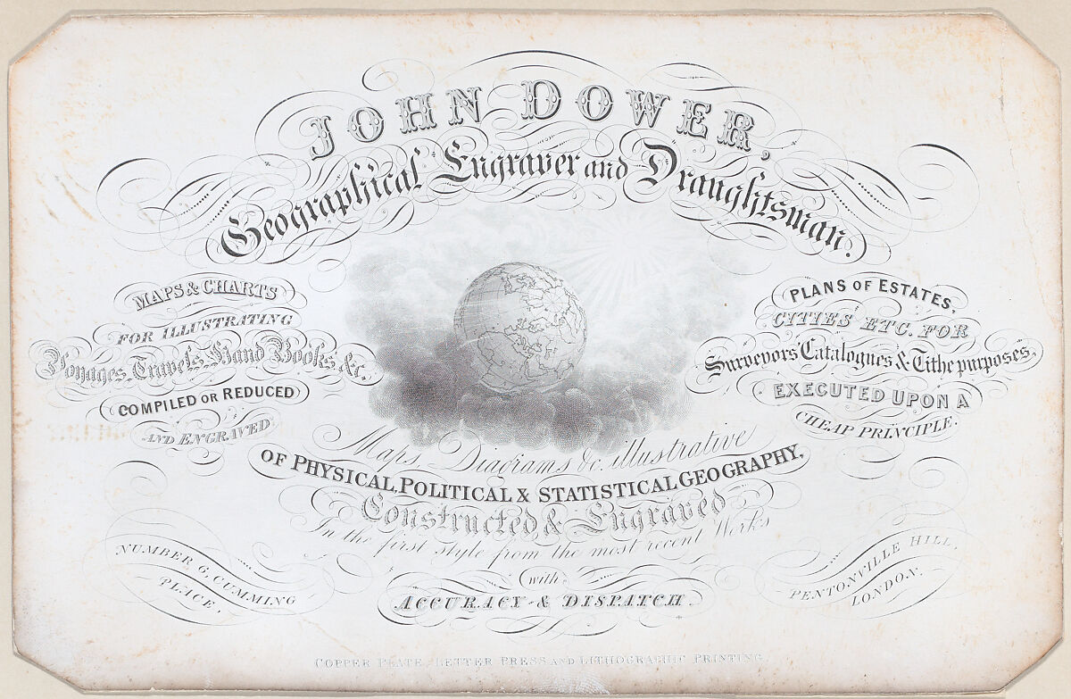 Trade card for John Dower, geographical engraver and draughtsman, Anonymous, British, 19th century, Engraving 