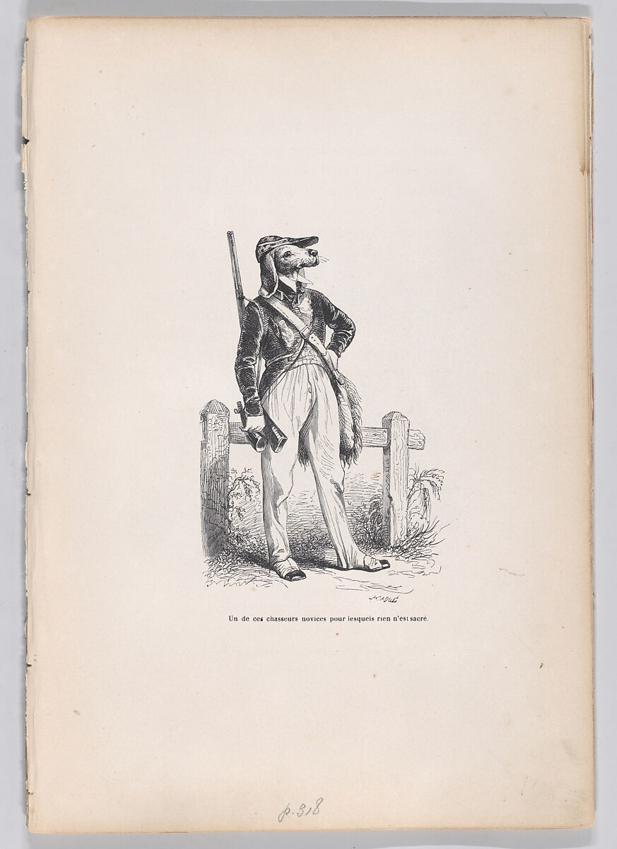 One of those novice hunters for whom nothing is sacred, from "Scenes from the Private and Public Life of Animals", J. J. Grandville (French, Nancy 1803–1847 Vanves), Wood engraving 