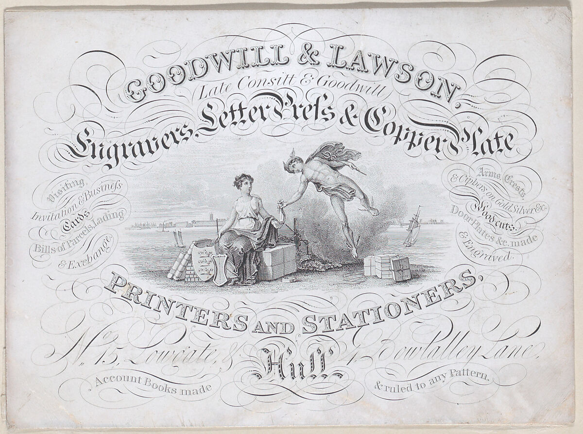 Trade card for Goodwill & Lawson, engravers, printers and stationers, Anonymous, British, 19th century, Engraving 