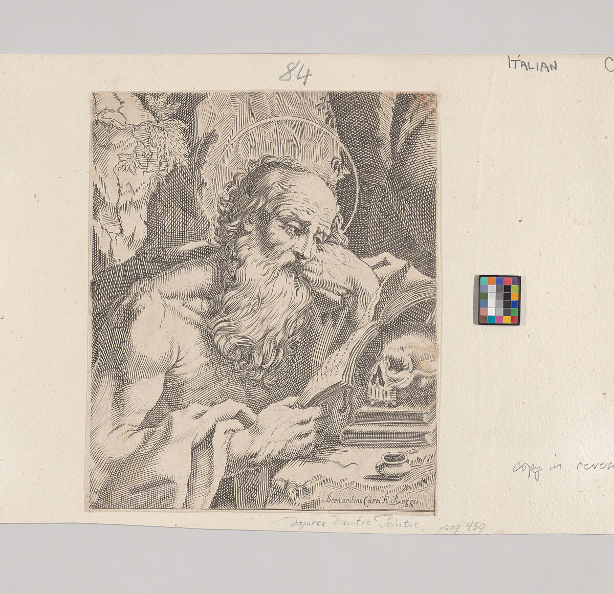 Saint Jerome Reading, Bernardino Curti (Italian, Reggio Emilia 1611–1679 Reggio Emilia), Etching and engraving 