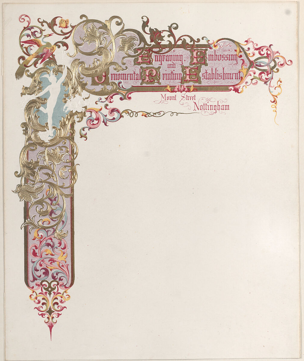 Stationary for Engraving, Embossing and Ornamental Printing Establishment, Anonymous, British, 19th century, Commerical lithograph with embossment on folded sheet 