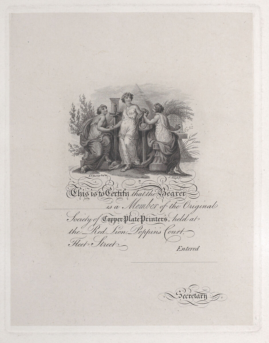 Certificate of Membership for the Society of Copper Plate Printers, James Neagle (British, London 1765–1822 Philadelphia, Pennsylvania), Engraving on chine collé 