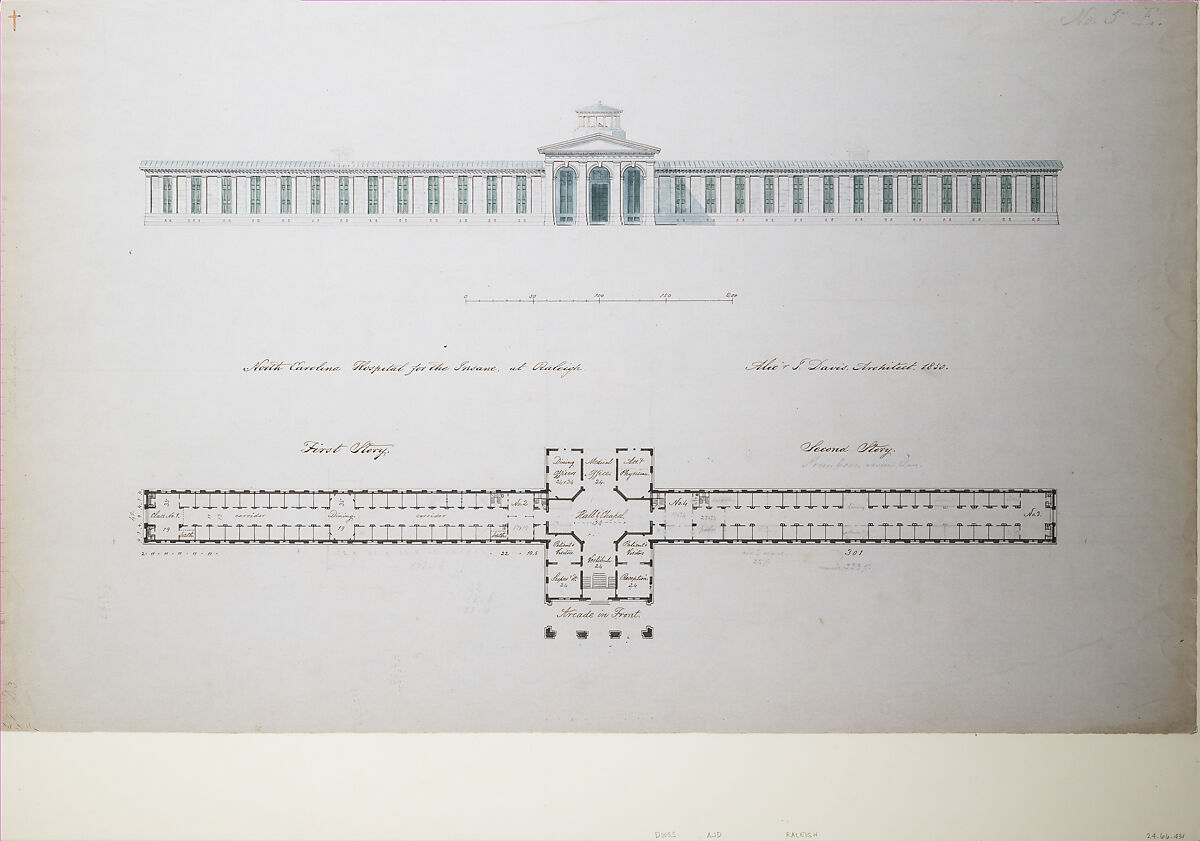 North Carolina Hospital for the Insane, at Raleigh, Alexander Jackson Davis (American, New York 1803–1892 West Orange, New Jersey), Pen and ink over graphite, wash and watercolor 