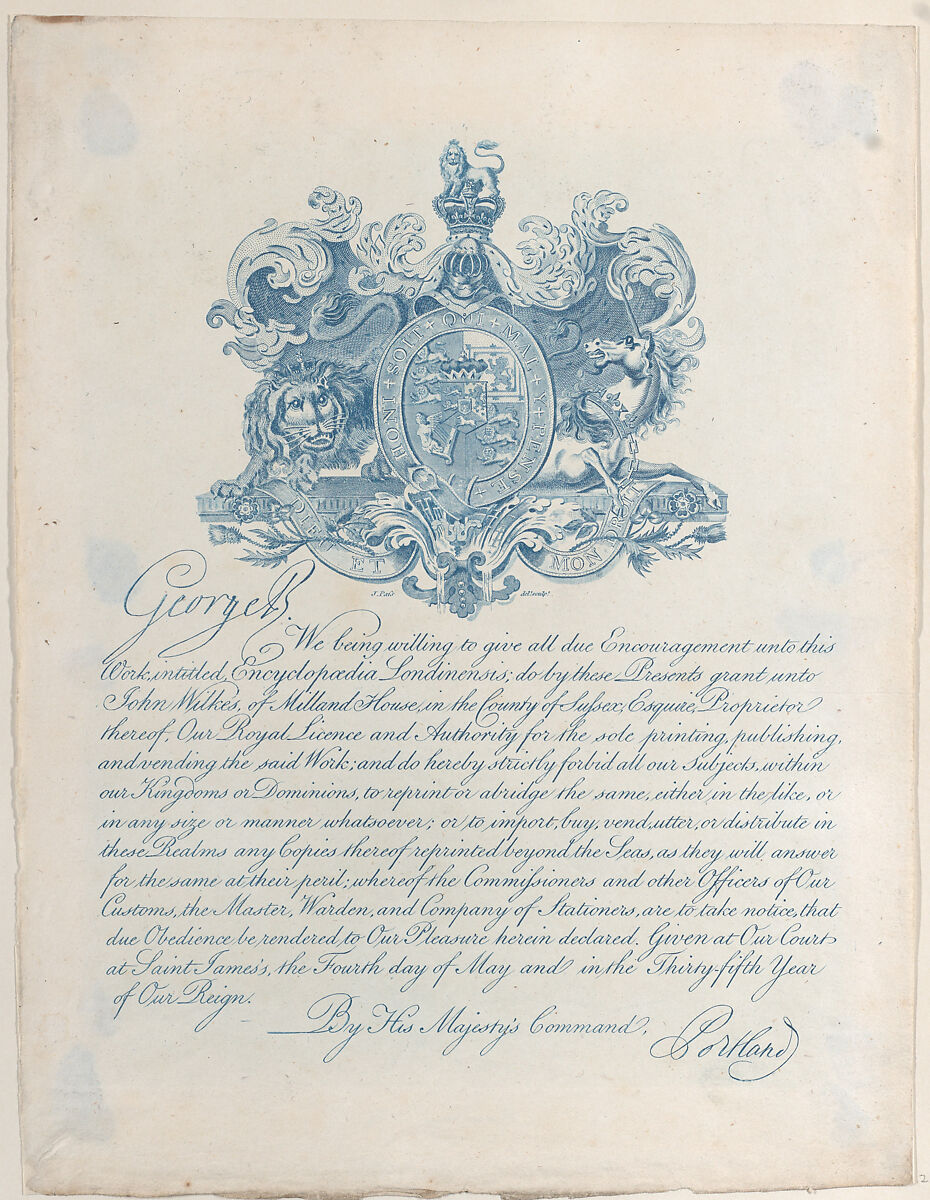 Royal License and Copyright for Encyclopaedia Londinesis, Anonymous, British, 19th century, Engraving 