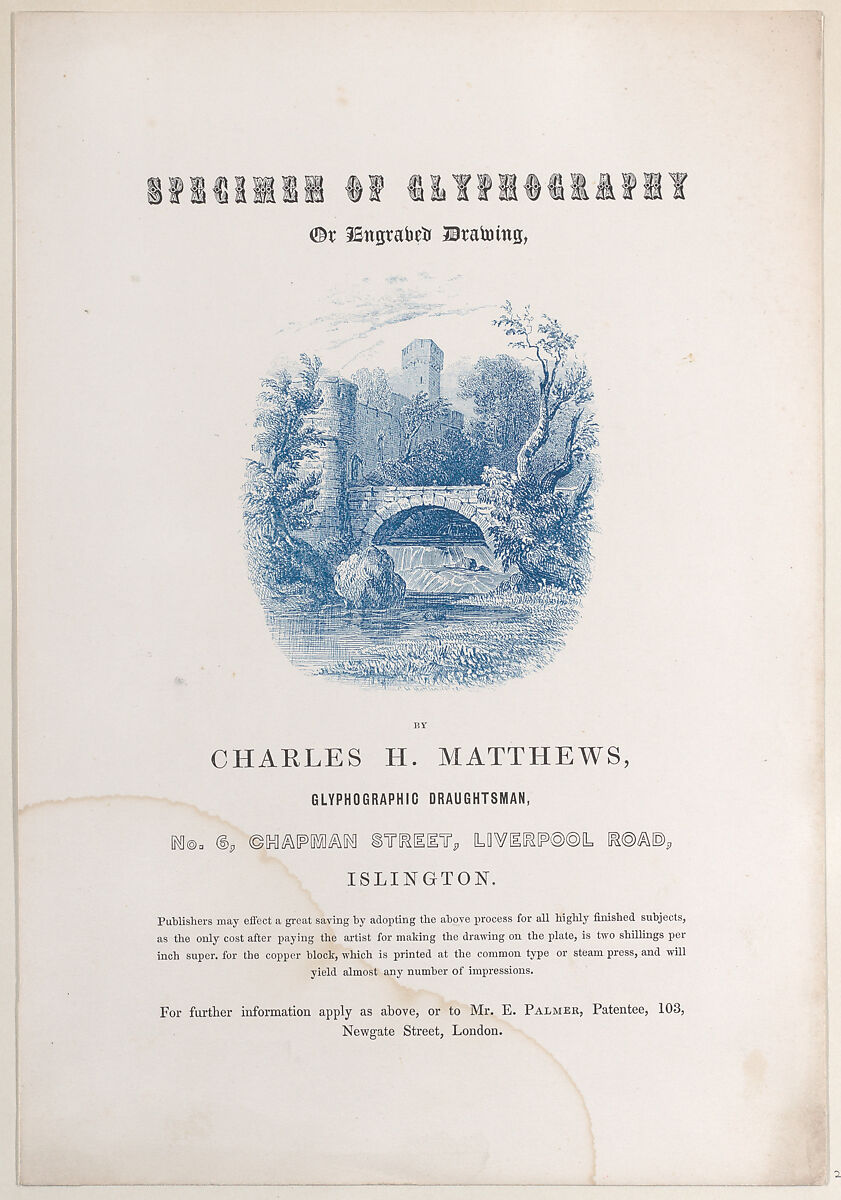 Trade Card for Charles H. Matthews, glyphographic draughtsman, Anonymous, British, 19th century, Electrotype 