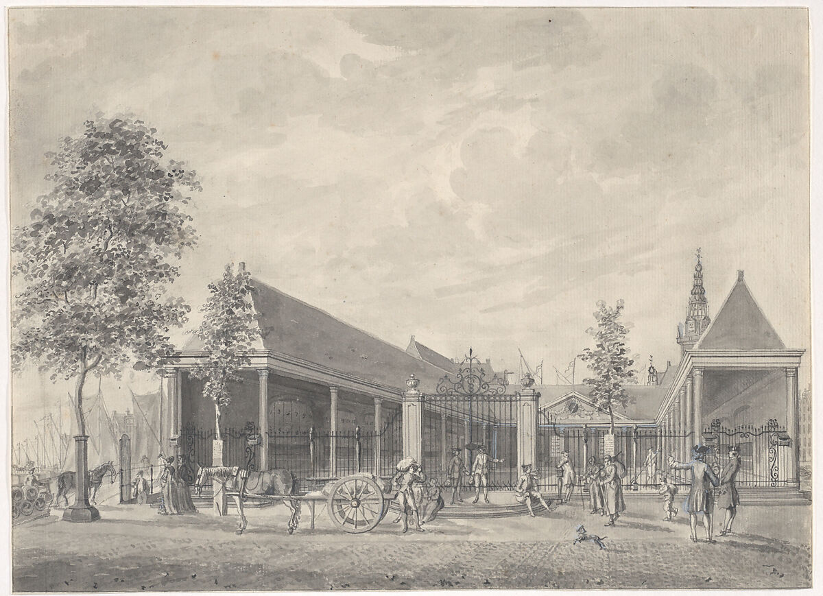 A View of the Nieuwe Korenbeurs on the Damrak, Amsterdam, the Tower of the Oude Kerk Beyond, Hermanus Petrus Schouten (Dutch, 1747–1822), Black chalk, pen and black and gray ink, gray wash heightened with white 