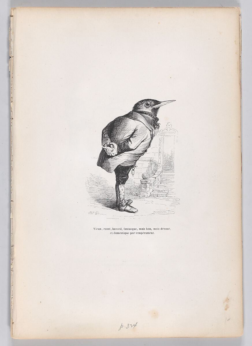 Old, broken, haggard, whimsical, yet good, yet dedicated, and domestic by temperament, from "Scenes from the Private and Public Life of Animals", J. J. Grandville (French, Nancy 1803–1847 Vanves), Wood engraving 