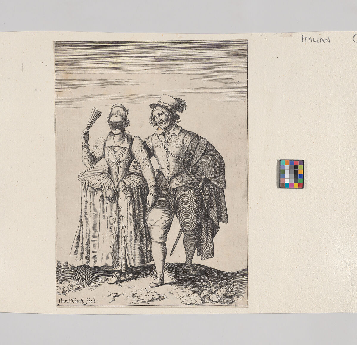 A couple walking, the woman at left wears a mask and carries a fan, Bernardino Curti (Italian, Reggio Emilia 1611–1679 Reggio Emilia), Etching and engraving 