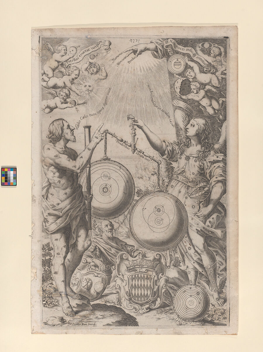 Frontispiece: mythological figures weigh astronomical theories, from "The New Almagest" (Almagestum Novum), Francesco Curti (Italian, 1603–1670), Engraving 