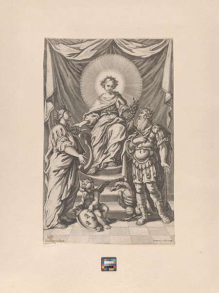 Allegory with enthroned woman in center, with a woman at left, a man at right, and a cherub on the floor holding a coat of arms with three towers, François Chiche (French, 1700–1725), Etching 