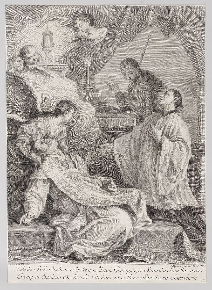 The Death of Saint Andrea Avellino in the presence of Saint Aloysius Gonzaga and Saint Stanislaus Kostka, Joseph Wagner (Italian, Thalendorf 1706–1780 Venice), Etching and engraving 