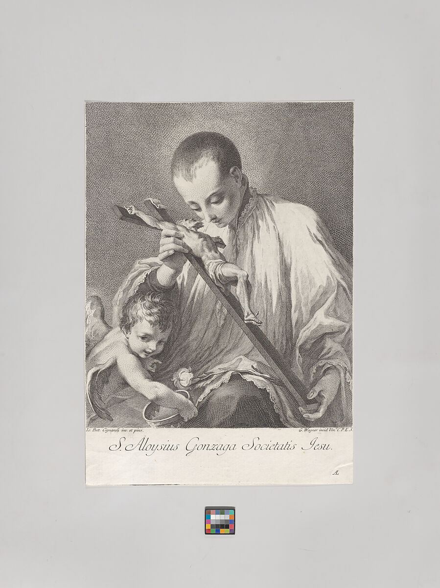 Saint Aloysius Gonzaga holding a crucifix, with an angel holding a crown at left, Joseph Wagner (Italian, Thalendorf 1706–1780 Venice), Etching and engraving 