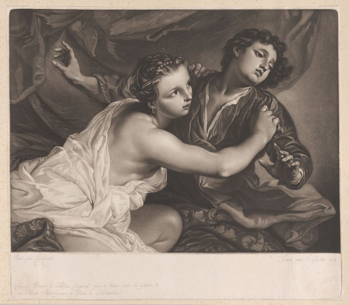 Joseph and Potiphar's Wife, Joseph Adrianus Clarot (Austrian, Brussels ca. 1770–1820 Vienna), Mezzotint; proof before letters 