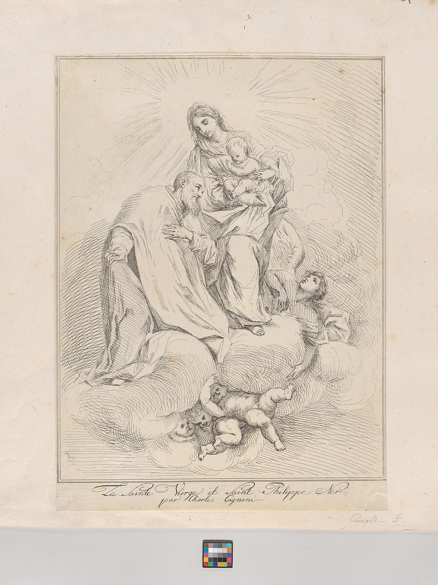 Virgin and Child seated on clouds with Saint Philip Neri at left, Giuseppe Canale (Italian, Rome 1725–1802 Dresden), Etching 