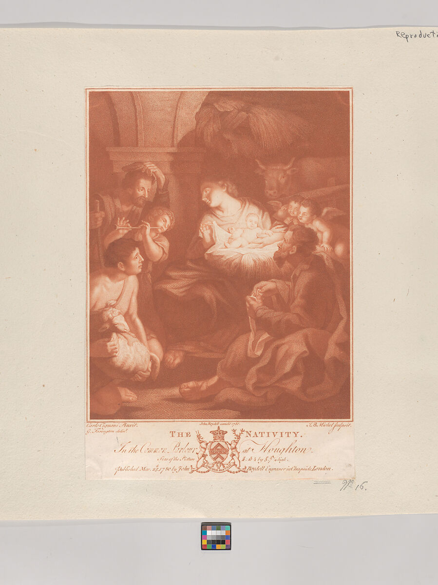 The Nativity, Jean-Baptiste Michel (French, Paris 1748–1804 Paris), Stipple engraving printed in red 