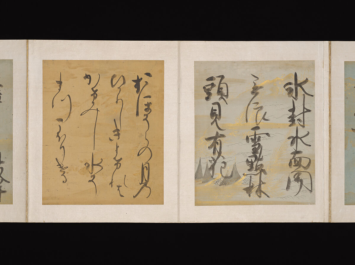 Album of Japanese and Chinese Poems to Sing, Calligraphy by Konoe Nobutada (Japanese, 1565–1614), Album of thirty-six leaves; each on gold, silver, or colored decorated paper, Japan