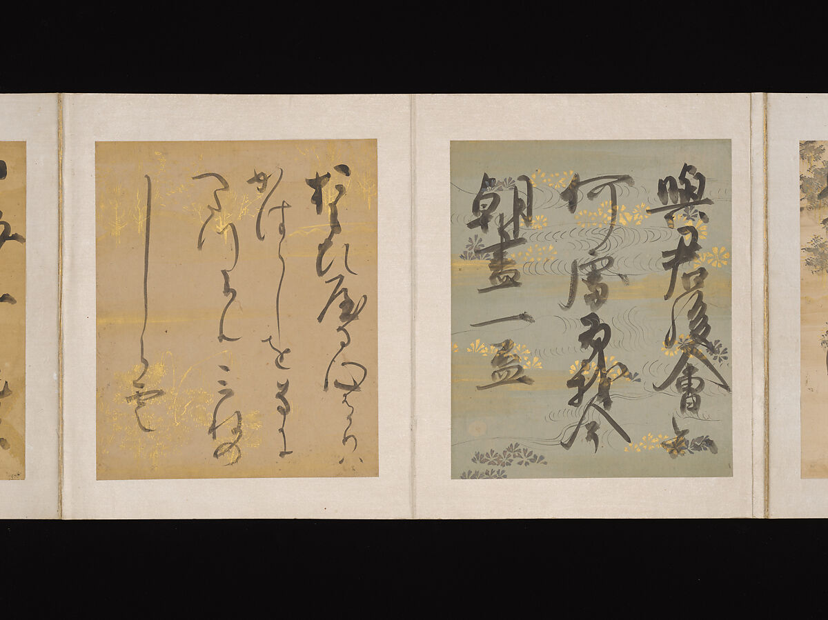 Album of Japanese and Chinese Poems to Sing, Calligraphy by Konoe Nobutada (Japanese, 1565–1614), Album of thirty-six leaves; each on gold, silver, or colored decorated paper, Japan