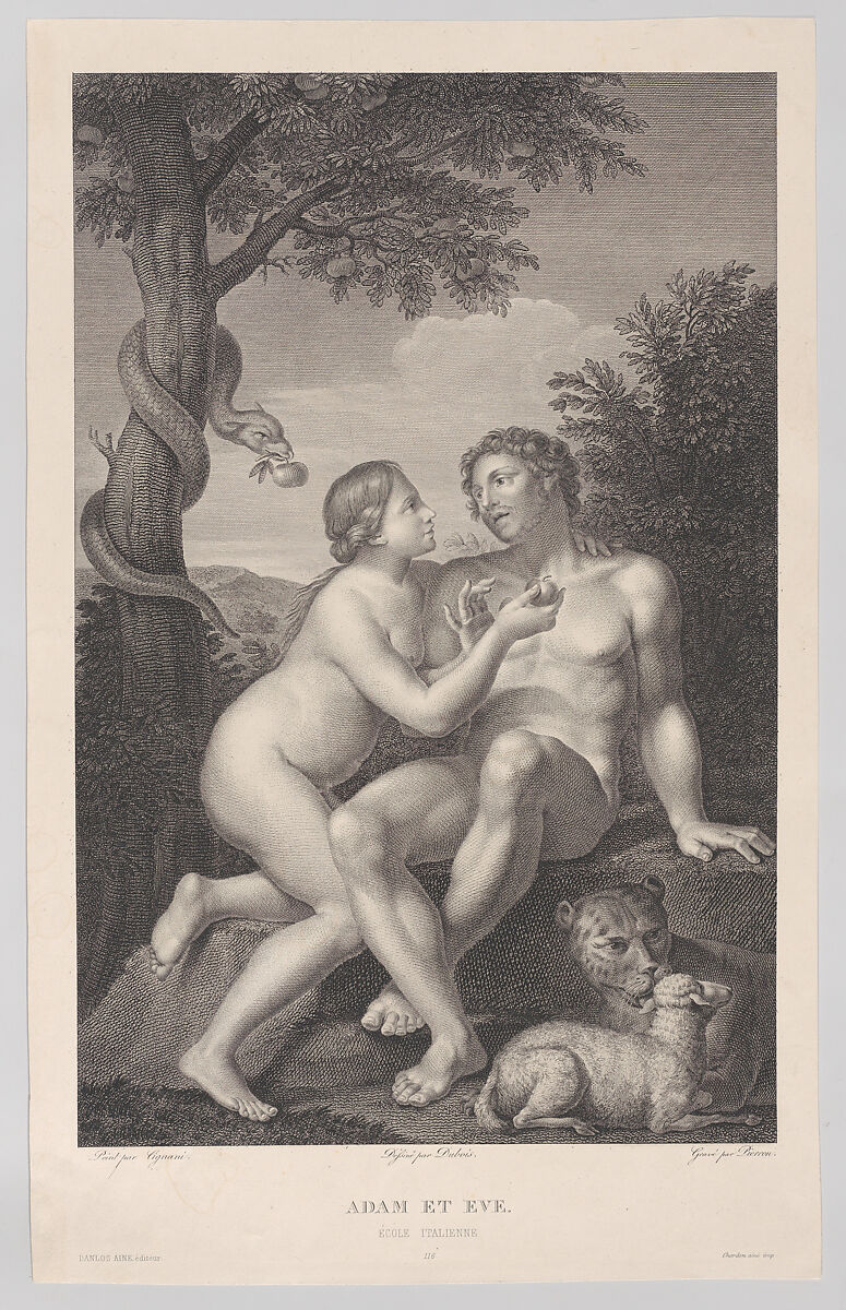 Adam and Eve, seated on a rock, with a serpent coiled around a tree at left and a lion and a lamb at right, Jean Antoine Pierron (French, active Paris 1780–1812), Engraving 