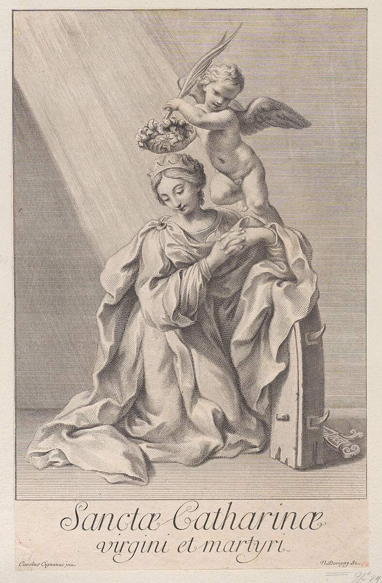 Saint Catherine of Alexandria, kneeling with her elbow resting on the spiked wheel, and an angel crowning her with a flower wreath, Sir Nicolas Dorigny (French, baptized Paris, 1658–1746 Paris), Etching 