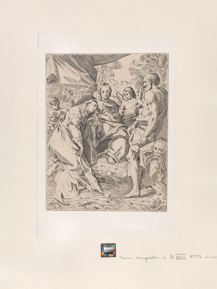 Virgin and Child, with Saints Jerome and Mary Magdalene and angels, Anonymous, Etching; reverse copy 
