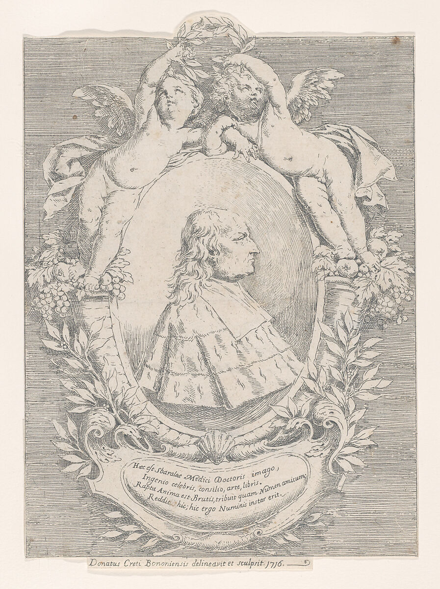 Portrait of Giovanni Girolamo Sbaraglia, within an oval flanked by two putti on cornucopias, with a cartouche below, Donato Creti (Italian, Cremona 1671–1749 Bologna), Etching 