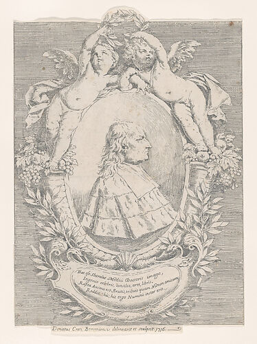 Portrait of Giovanni Girolamo Sbaraglia, within an oval flanked by two putti on cornucopias, with a cartouche below