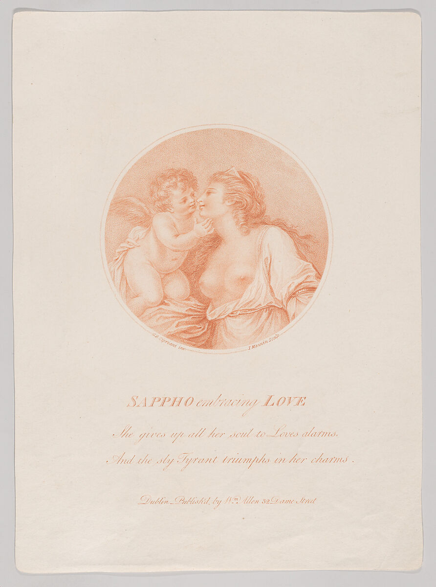 Sappho embracing Love, John Mannin (Irish, active Dubin, died 1791), Stipple engraving and etching printed in red 