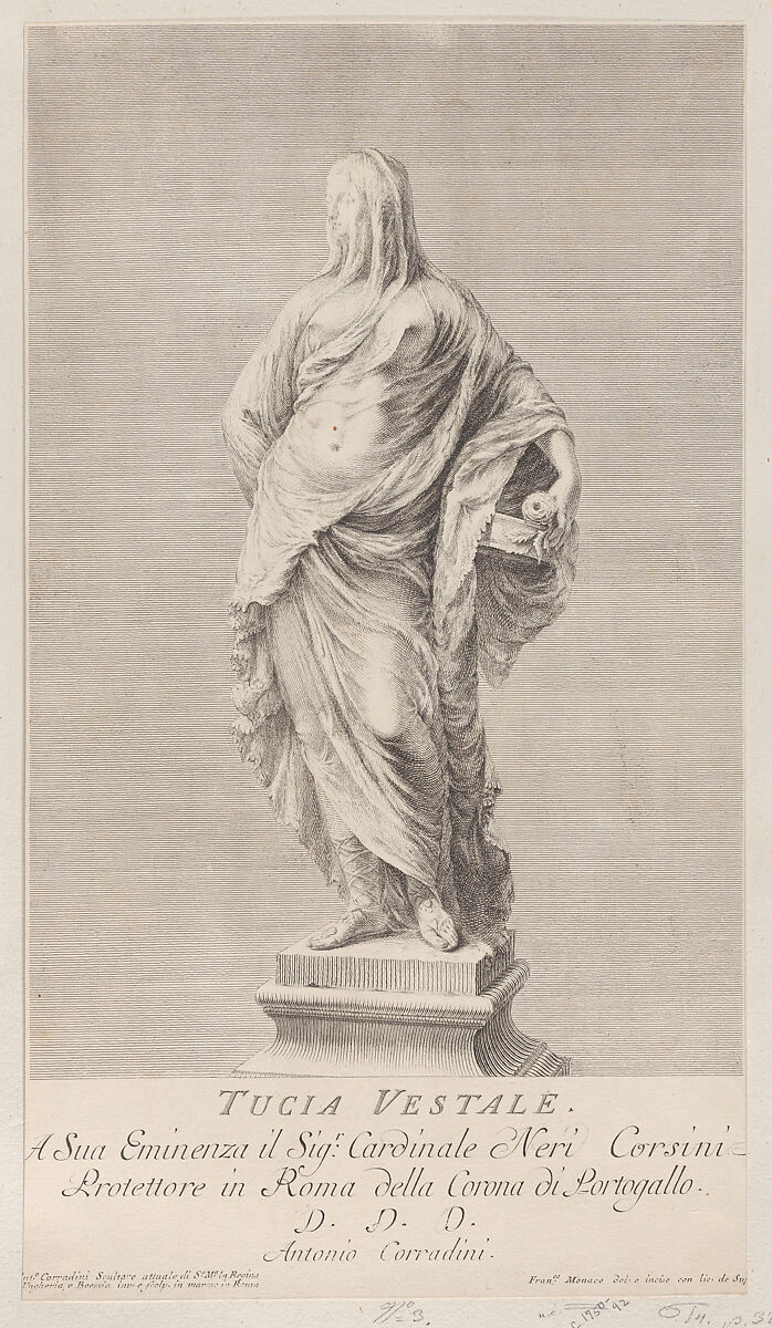 Statue of Tuccia, the ancient Roman Vestal Virgin (Tucia Vestale), Francesco Monaco (Italian, active ca. 1748), Etching 