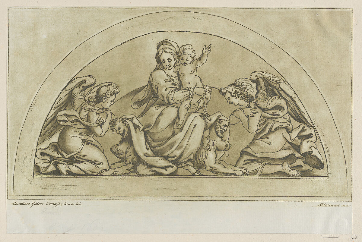 Virgin and child flanked by angels, Stefano Mulinari (Italian, Florence ca. 1741–90), Etching with green wash 