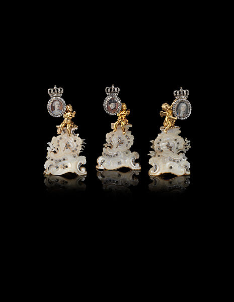 Three Portrait Miniature Stands, Johann Salomon Meyer of Zerbst, Ivory, mother of pearl, gold, diamonds., German, Schwerin(?) 