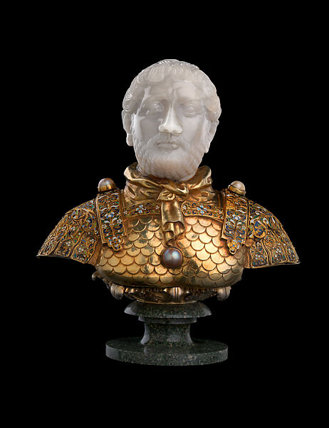 Bust of Emperor Hadrian, Head: court workshop of Emperor Frederick II  , 1240, Chalcedony, green porphyry, silver-gilt, gold, enamel, pearls, Italian 
