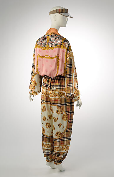 Ensemble, Burberry (British, founded 1856), (a) silk, polyester, (b, c) leather, plastic (polyurethane), metal, (d) cotton, plastic (polyvinyl chloride), (e) palladium-plated brass, plastic, (f) palladium-plated brass, (g) palladium-plated brass, (h) palladium-plated brass, British