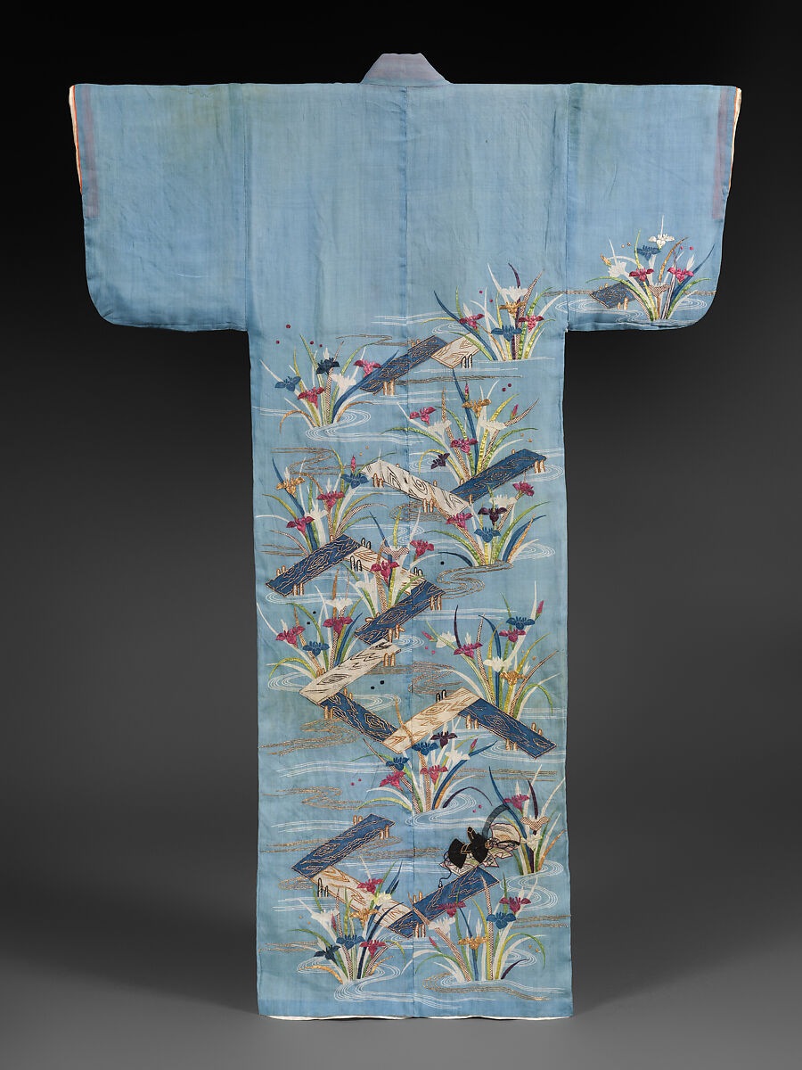Summer Robe (Katabira) with Irises at Yatsuhashi, Plain-weave ramie with paste-resist dyeing, stencil-dyed dots (suri-bitta), hand-painted details, silk embroidery, and couched gold thread, Japan