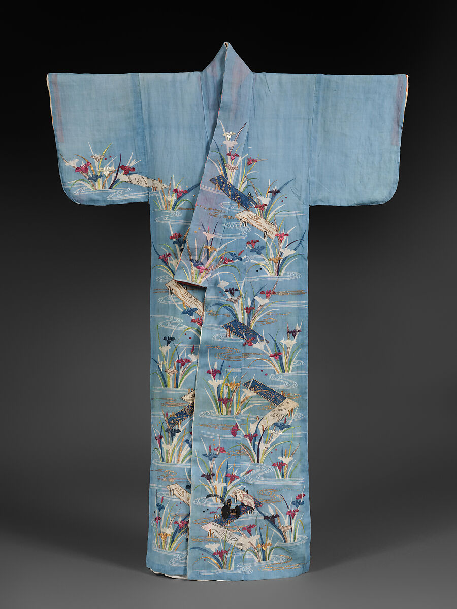 Summer Robe (Katabira) with Irises at Yatsuhashi, Plain-weave ramie with paste-resist dyeing, stencil-dyed dots (suri-bitta), hand-painted details, silk embroidery, and couched gold thread, Japan