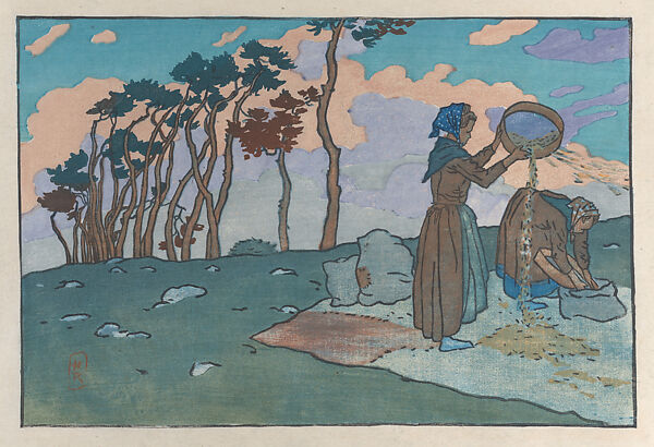 Winnowers (Loguivy), Henri Rivière (French, Paris 1864–1951 Paris), Color woodcut from twelve blocks