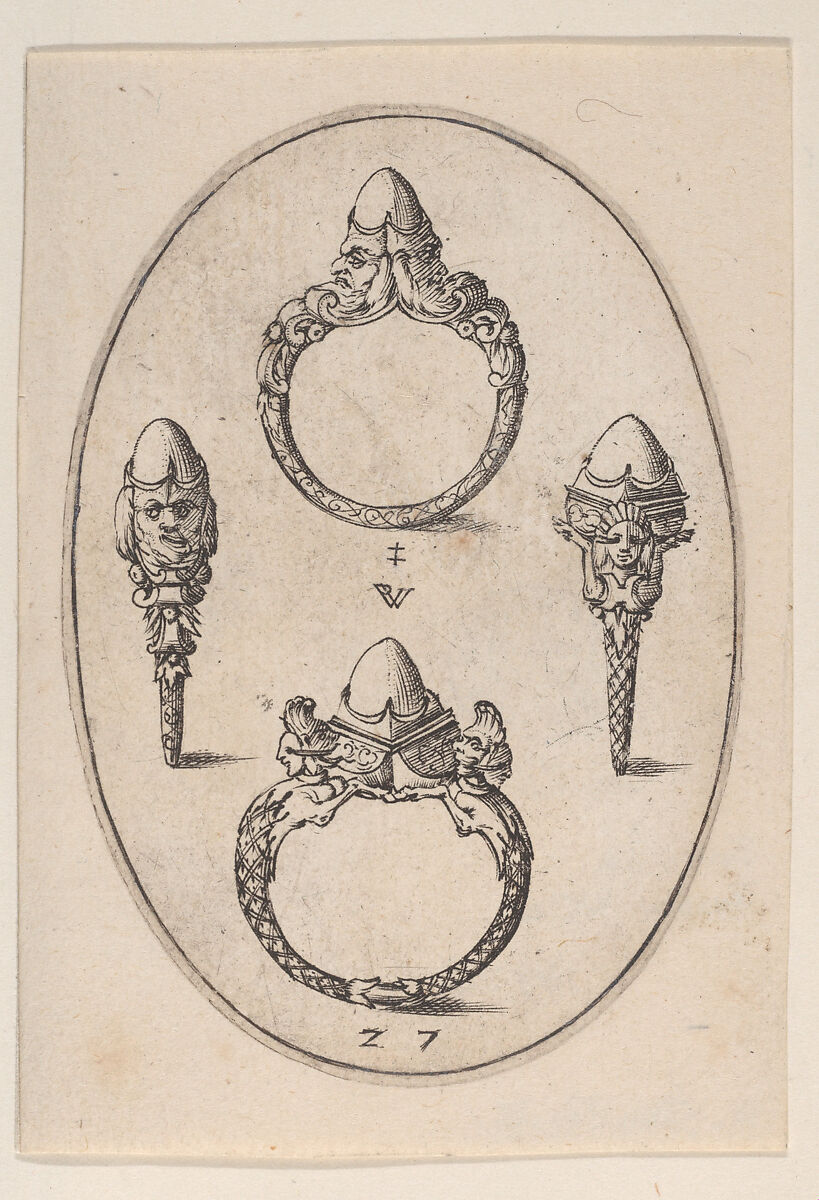 Designs for Four Rings, Plate 27 from 'Livre d'Aneaux d'Orfevrerie', Pierre Woeiriot de Bouzey II (French, Neufchâteau 1532–1599 Damblain), Engraving 