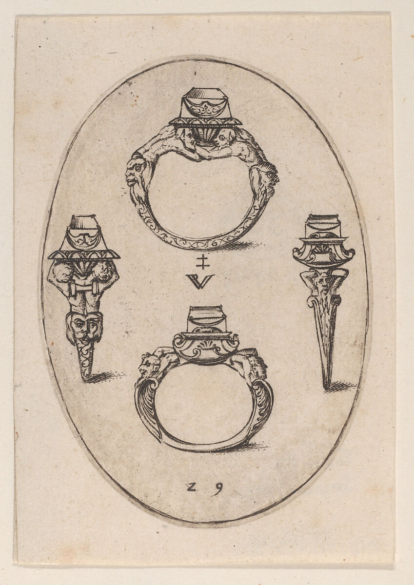 Designs for Four Rings, Plate 29 from 'Livre d'Aneaux d'Orfevrerie', Pierre Woeiriot de Bouzey II (French, Neufchâteau 1532–1599 Damblain), Engraving 