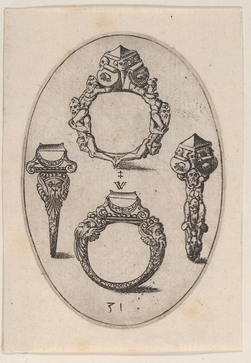 Designs for Four Rings, Plate 31 from 'Livre d'Aneaux d'Orfevrerie', Pierre Woeiriot de Bouzey II (French, Neufchâteau 1532–1599 Damblain), Engraving 