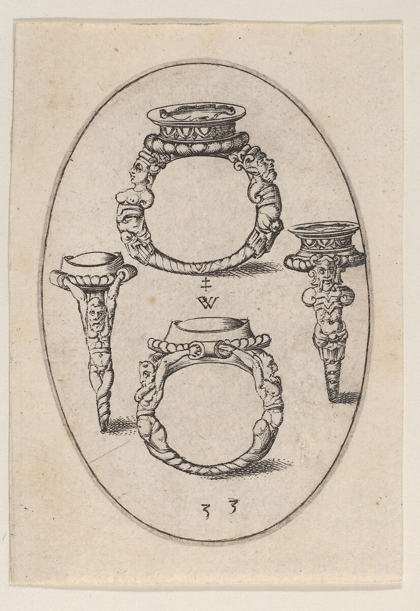 Designs for Four Rings, Plate 33 from 'Livre d'Aneaux d'Orfevrerie', Pierre Woeiriot de Bouzey II (French, Neufchâteau 1532–1599 Damblain), Engraving 