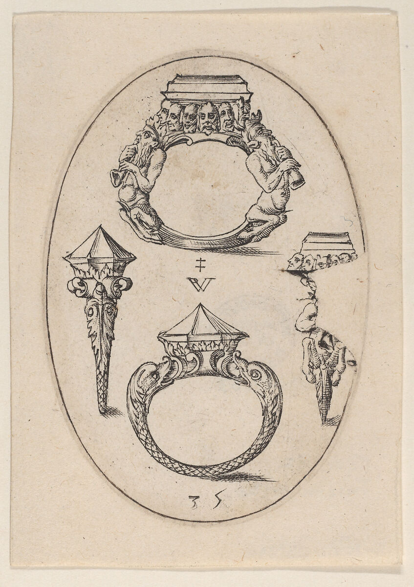 Designs for Four Rings, Plate 35 from 'Livre d'Aneaux d'Orfevrerie', Pierre Woeiriot de Bouzey II (French, Neufchâteau 1532–1599 Damblain), Engraving 